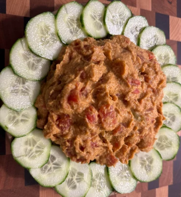 Chunky Queso Hummus with Cucumber Chips